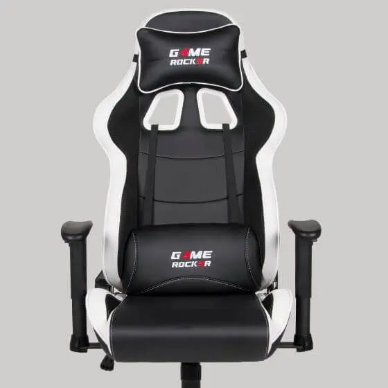 Moderner Gaming-Stuhl GAME ROCKER G-10 in Schwarz-Weiß mit sportlicher Rückenlehne, Nacken- und Lendenkissen für optimalen Sitzkomfort.