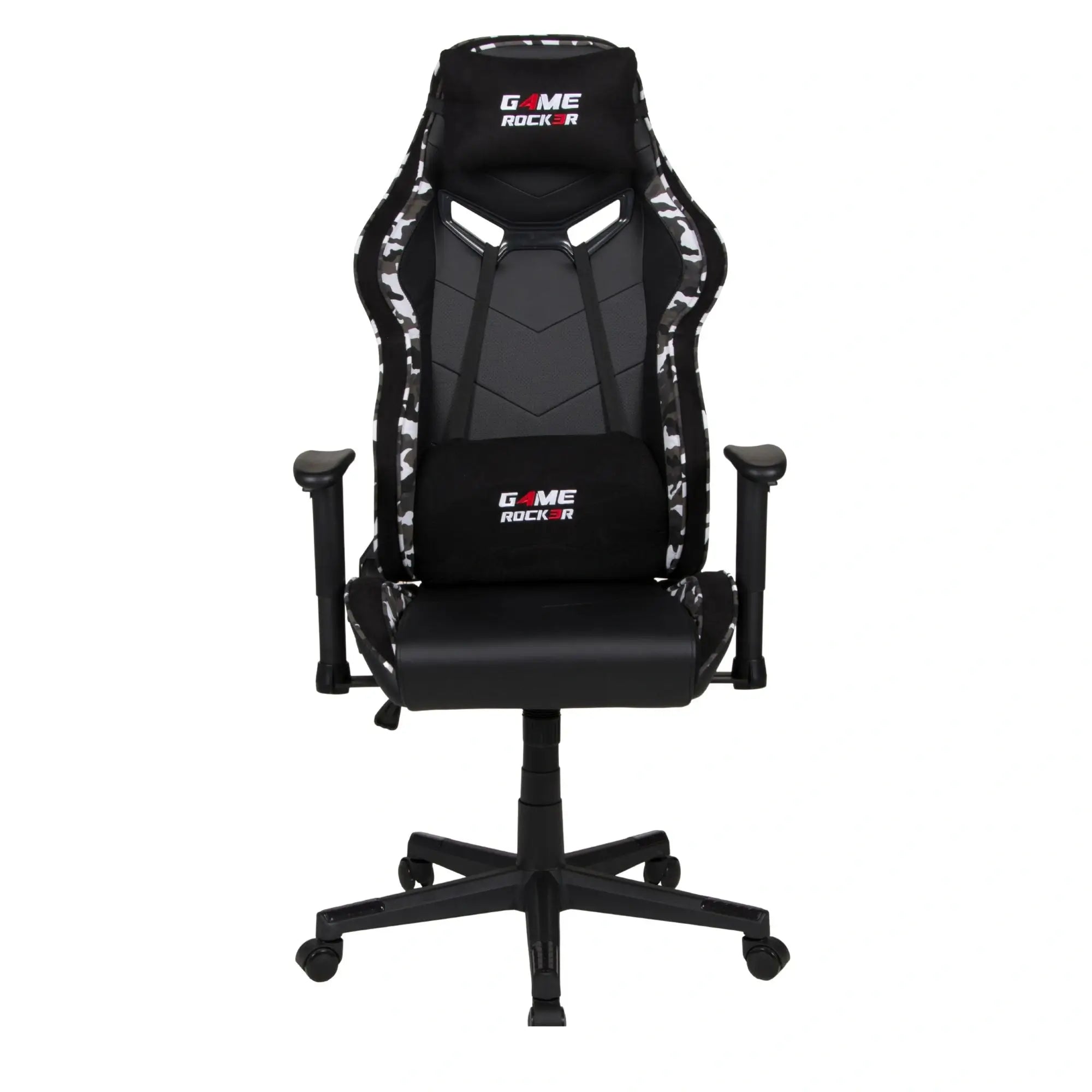 Gaming-Stuhl GAME ROCKER G-30 in Schwarz mit grauem Camouflagemuster, Vorderansicht mit Kopf- und Lendenkissen. #design_camouflage grau - kunstleder