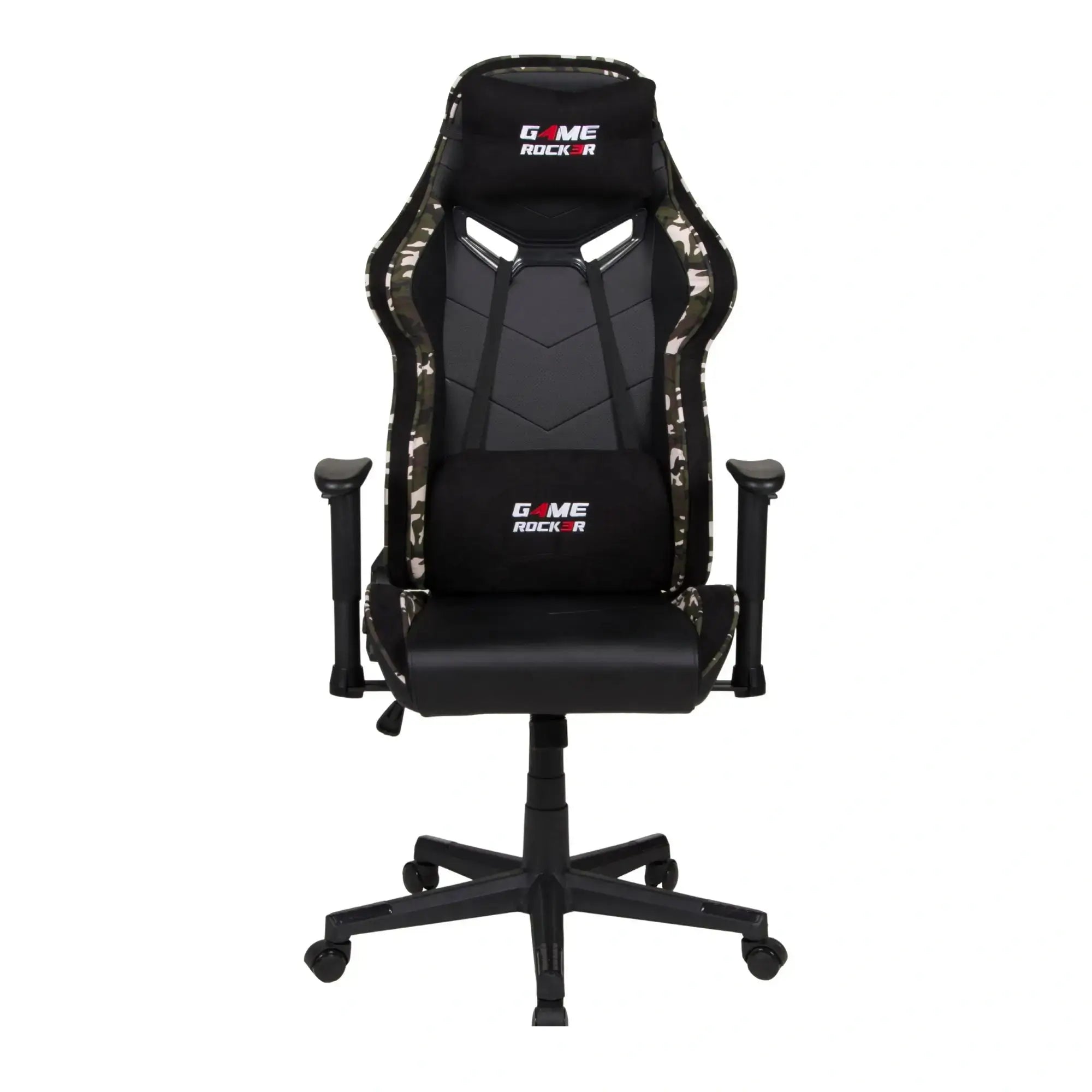 Gaming-Stuhl GAME ROCKER in Schwarz mit Camouflage-Elementen, Vorderansicht mit Kopf- und Lendenkissen. #design_camouflage grün - kunstleder
