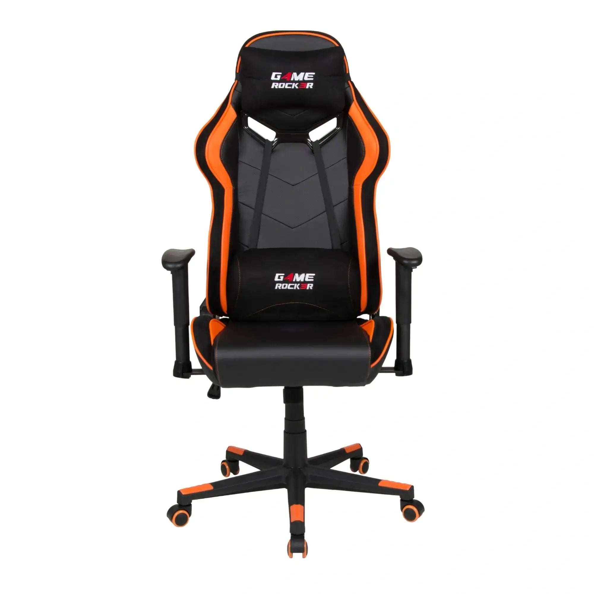 Gaming-Stuhl GAME ROCKER in Schwarz-Orange, Vorderansicht mit Kopf- und Lendenkissen. #design_orange - kunstleder