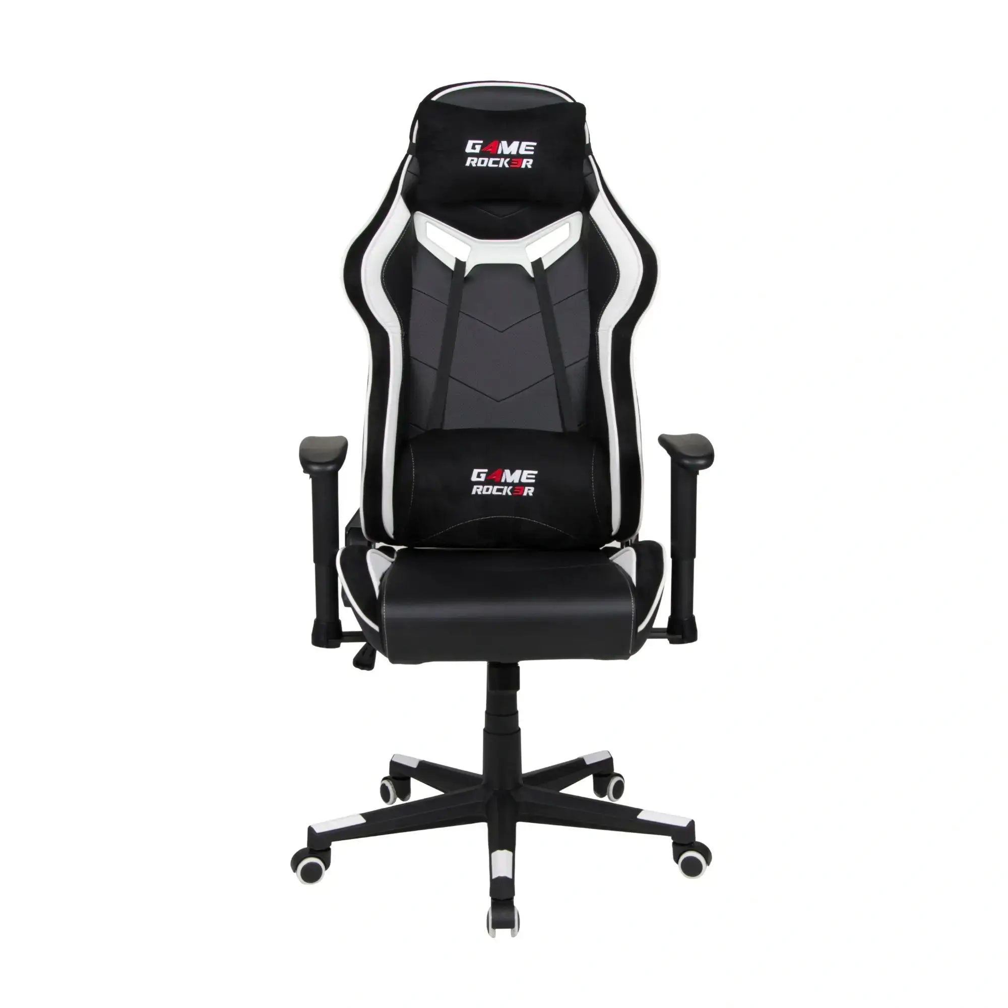 Gaming-Stuhl GAME ROCKER in Schwarz-Weiß, Vorderansicht mit Kopf- und Lendenkissen. #design_weiß - kunstleder