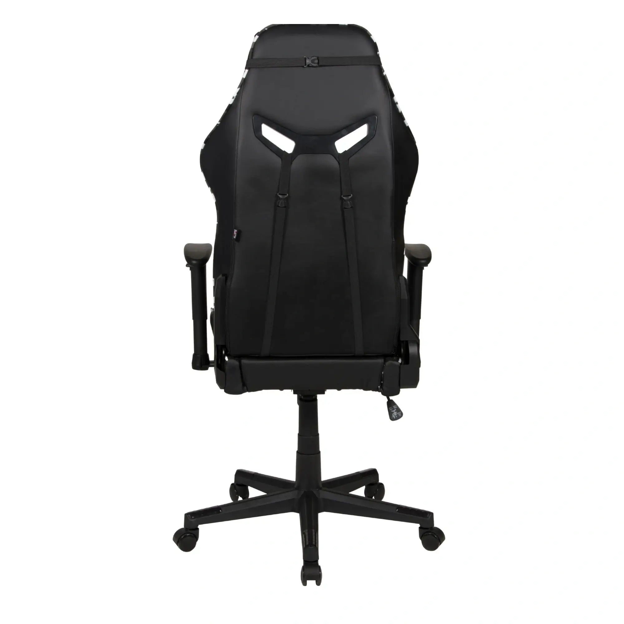 Gaming-Stuhl GAME ROCKER G-30 in Schwarz mit weißem Camouflage-Muster, Vorderansicht mit Kopf- und Lendenkissen. #design_camouflage grau - kunstleder