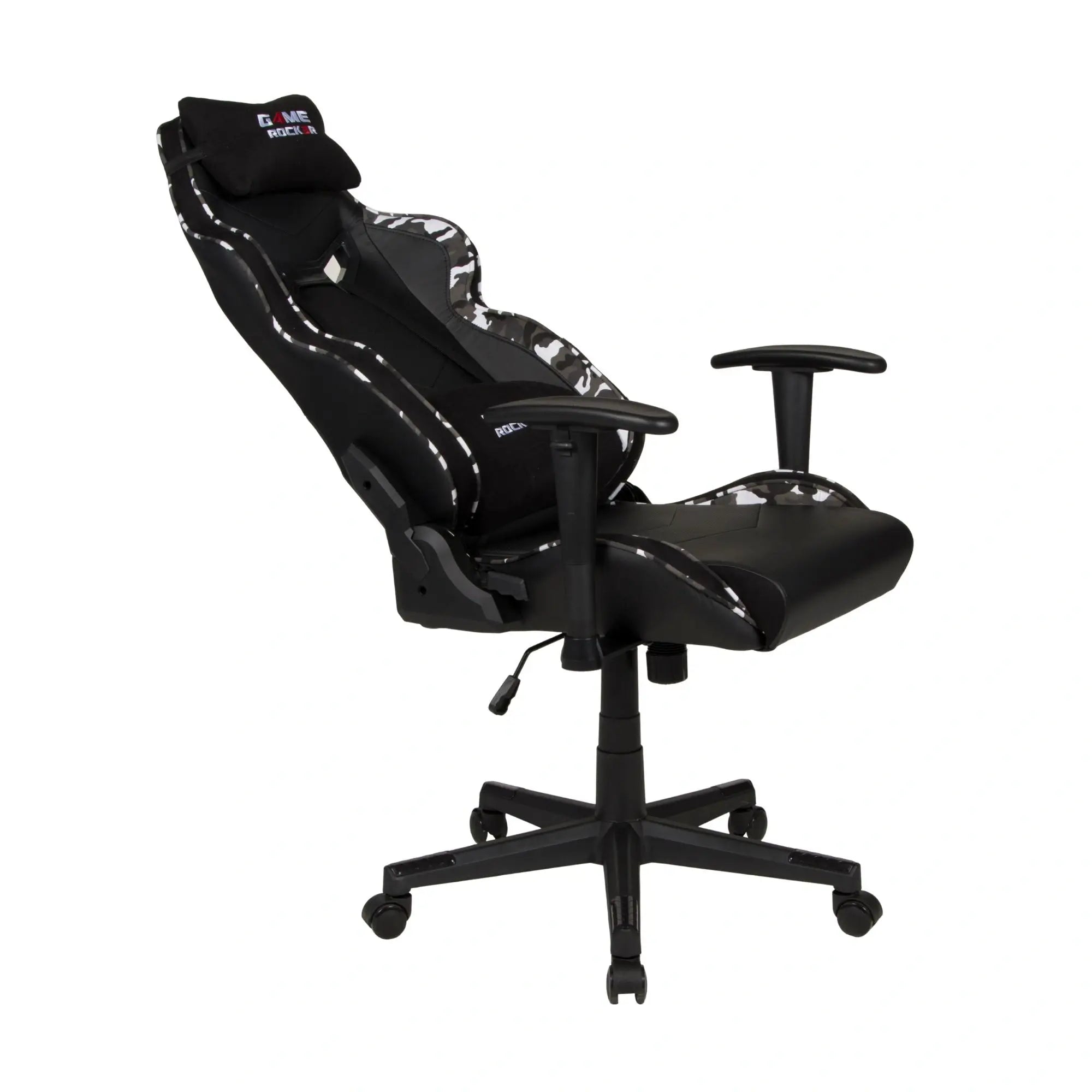Gaming-Stuhl GAME ROCKER G-30 in Schwarz mit grauem Camouflagemuster, weiter geneigt für maximale Rückenentspannung. #design_camouflage grau - kunstleder