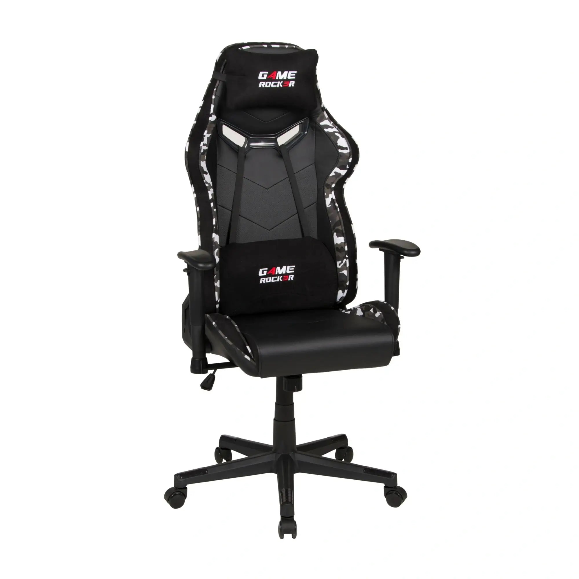 Gaming-Stuhl GAME ROCKER G-30 in Schwarz mit grauem Camouflagemuster, schräg von vorne mit ergonomischem Design. #design_camouflage grau - kunstleder