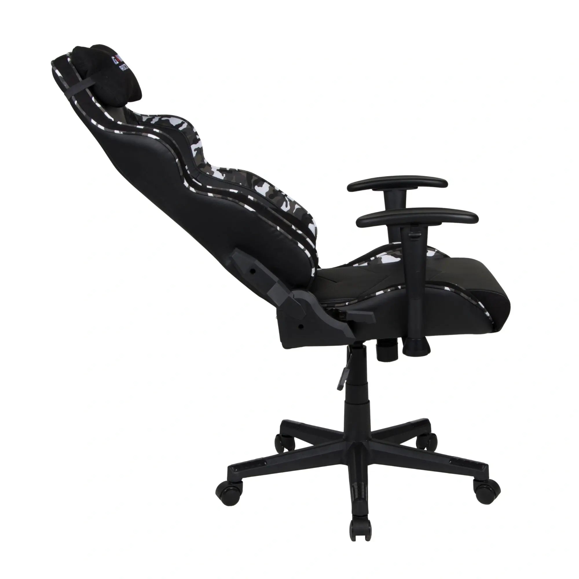 Gaming-Stuhl GAME ROCKER G-30 in Schwarz mit grauem Camouflagemuster, in Liegeposition für entspannte Nutzung. #design_camouflage grau - kunstleder