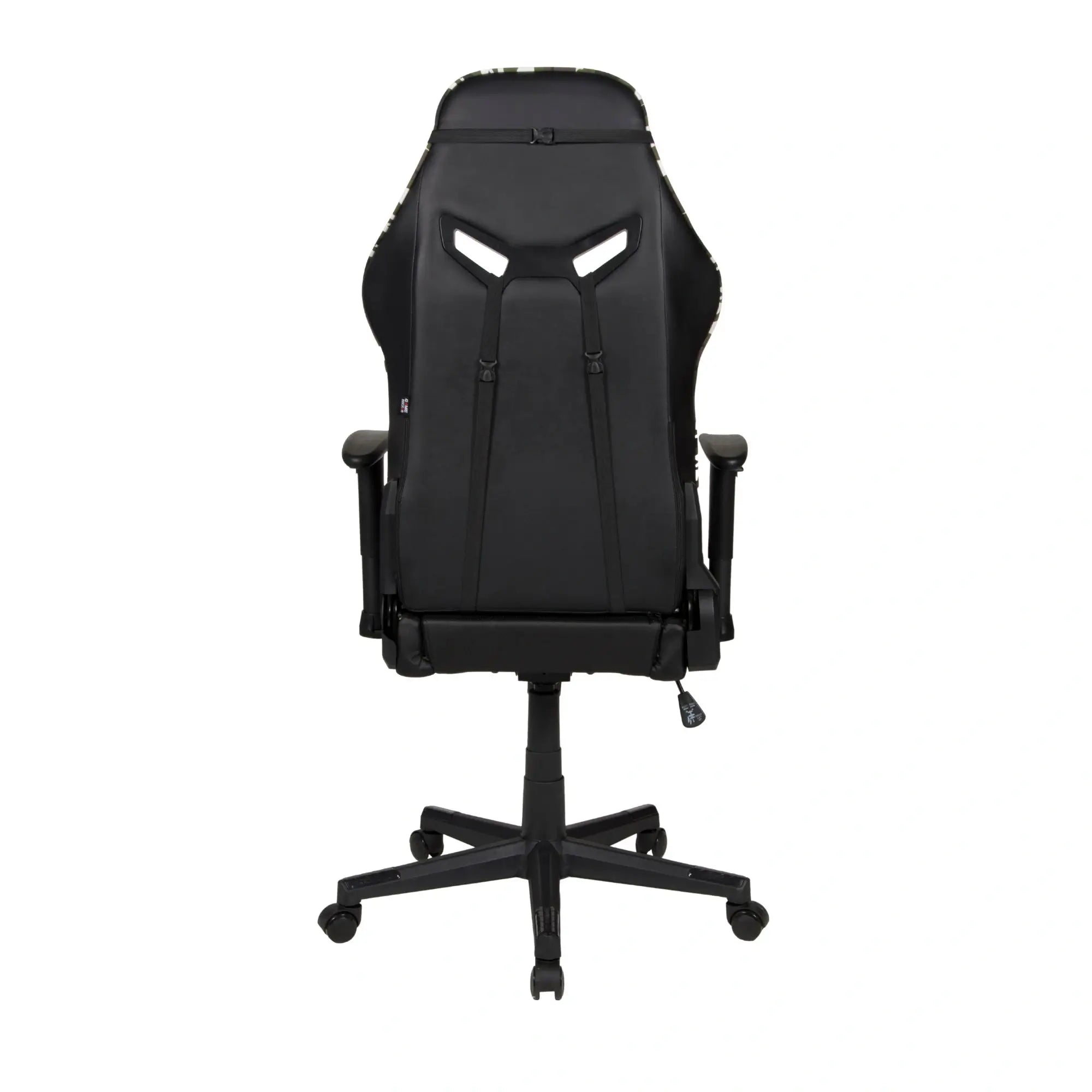 Gaming-Stuhl GAME ROCKER in Schwarz mit Camouflage-Elementen, Rückansicht mit Öffnungen für das Lendenkissen. #design_camouflage grün - kunstleder