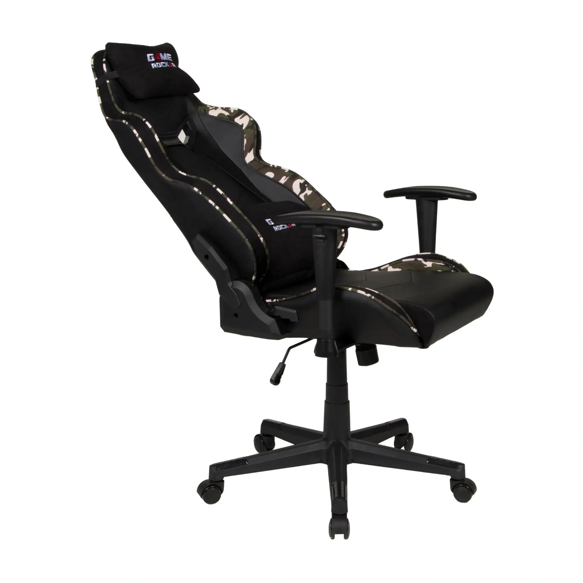 Gaming-Stuhl GAME ROCKER in Schwarz mit Camouflage-Elementen, weiter geneigt für maximale Rückenentspannung. #design_camouflage grün - kunstleder
