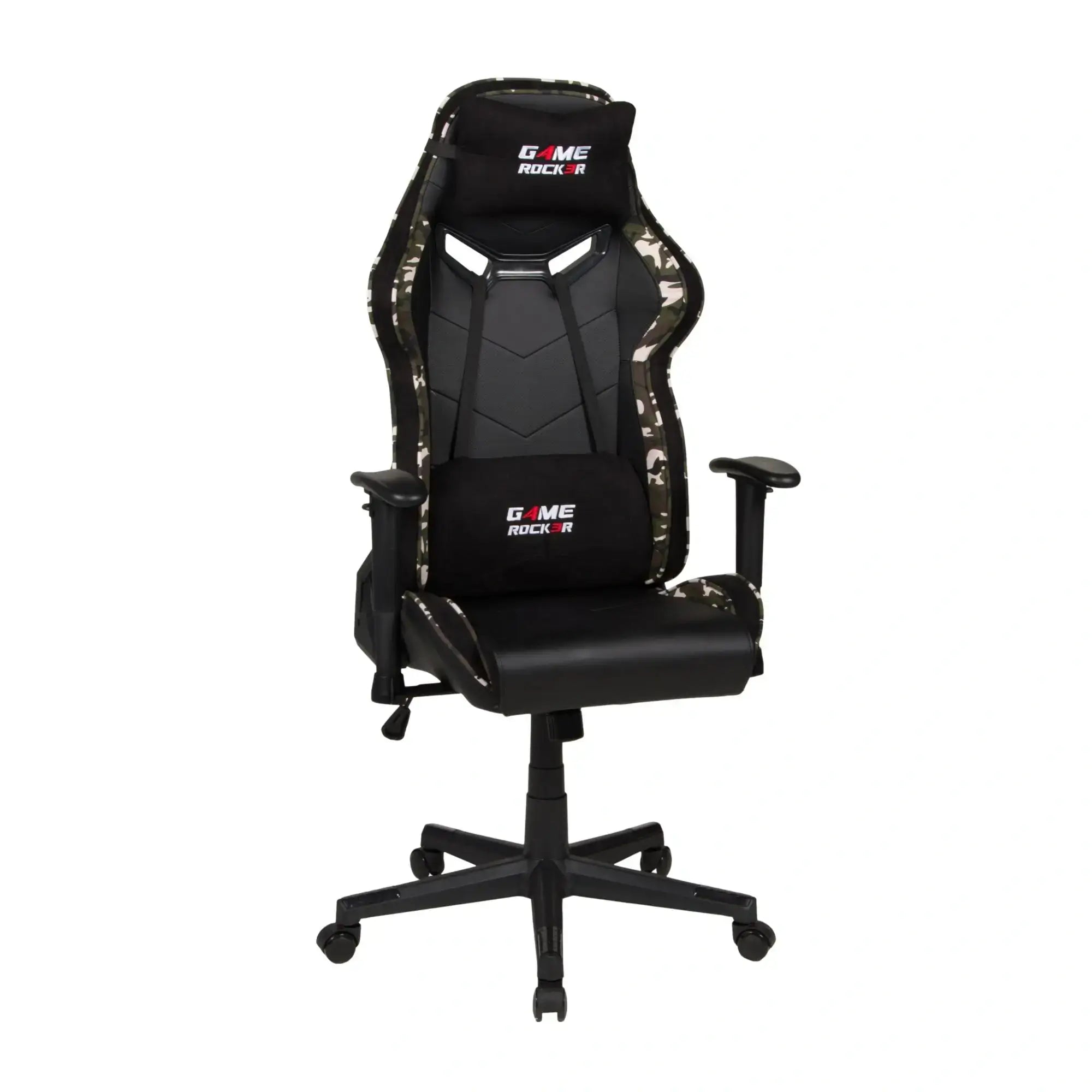 Gaming-Stuhl GAME ROCKER in Schwarz mit Camouflage-Elementen, schräg von vorne mit ergonomischem Design. #design_camouflage grün - kunstleder