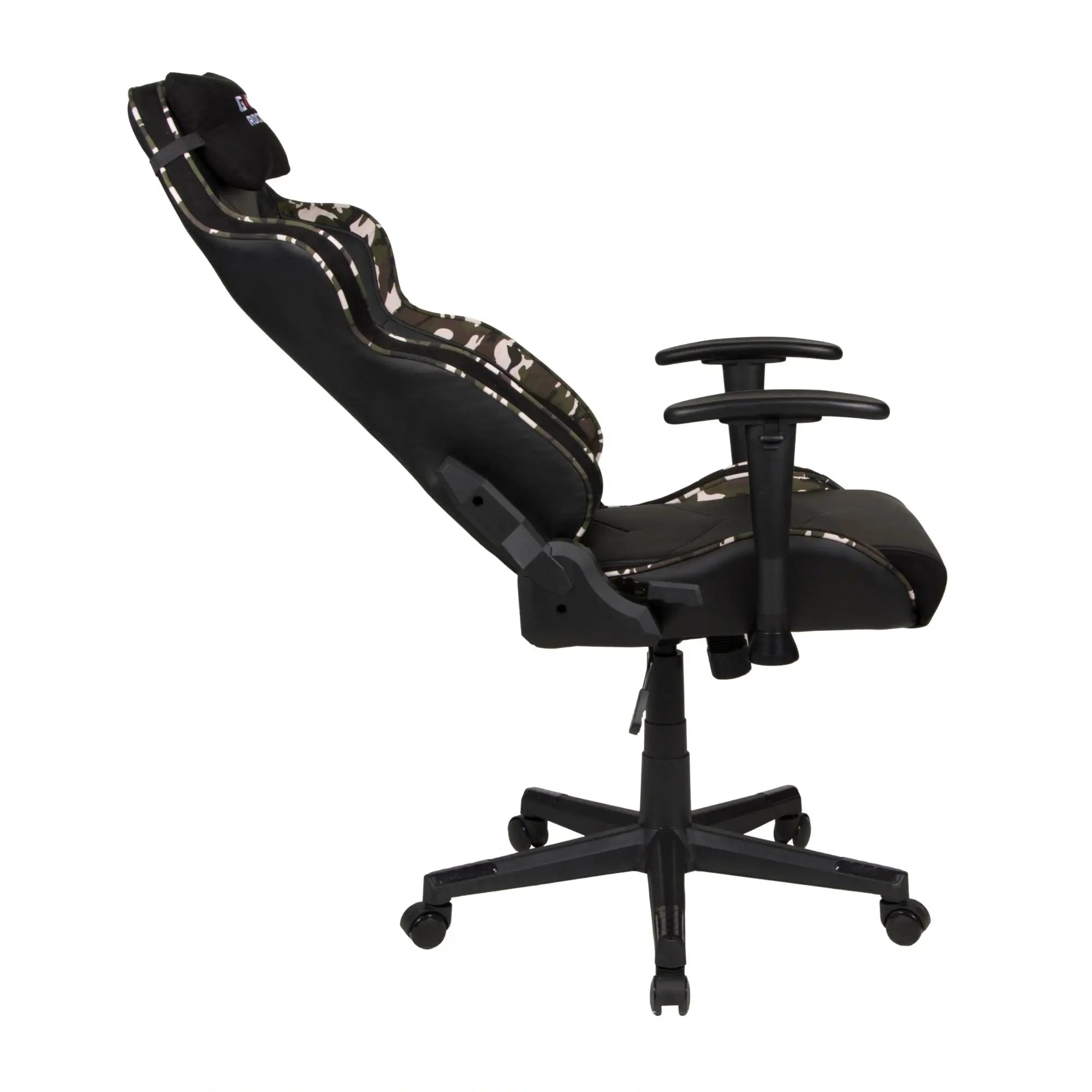 Gaming-Stuhl GAME ROCKER in Schwarz mit Camouflage-Elementen, in Liegeposition für entspannte Nutzung. #design_camouflage grün - kunstleder