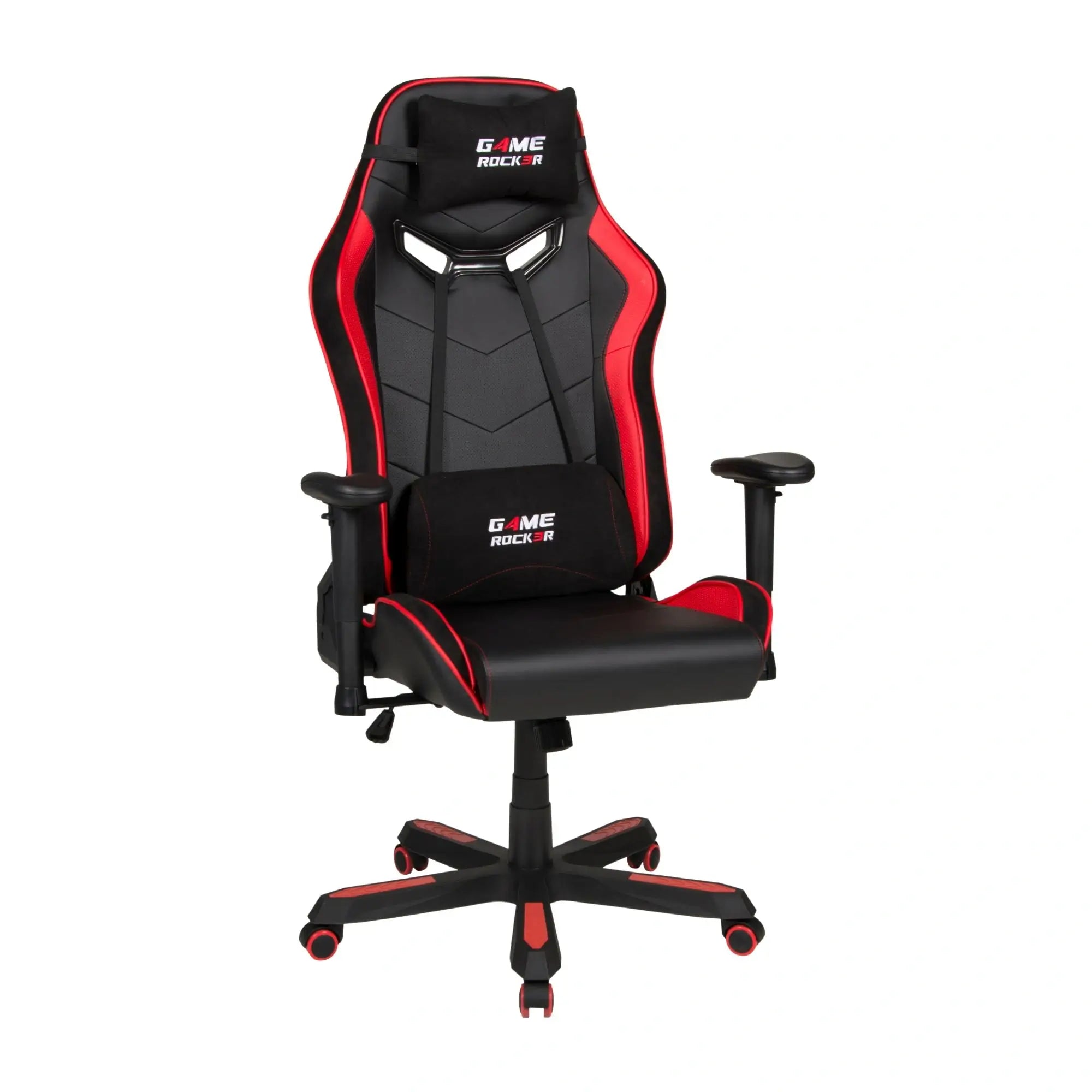 Schrägansicht des GAME ROCKER G-30 Large Gaming-Stuhls mit ergonomischem Design und verstellbaren Armlehnen. #design_Rot - Kunstleder