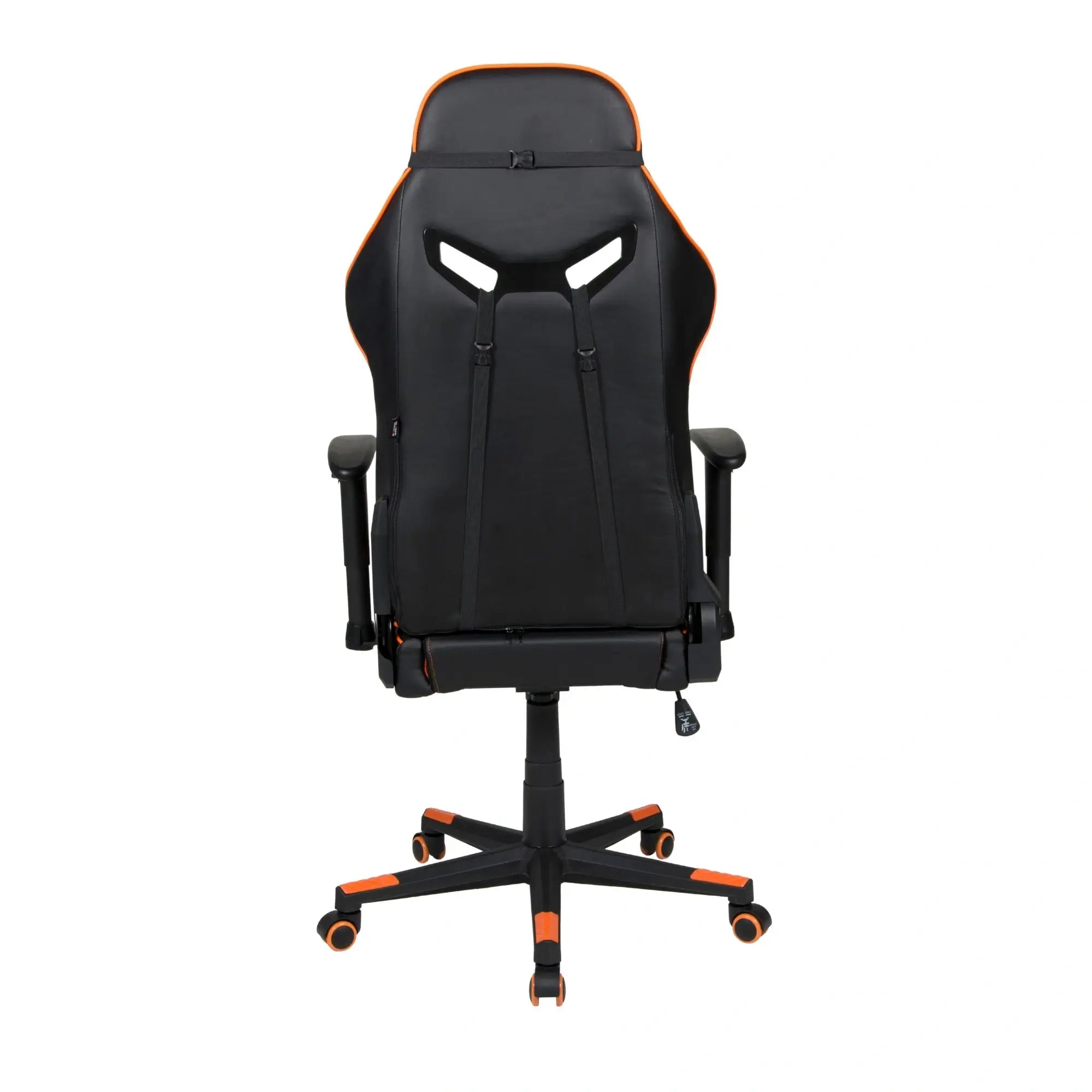 Gaming-Stuhl GAME ROCKER in Schwarz-Orange, Rückansicht mit Öffnungen für das Lendenkissen. #design_orange - kunstleder