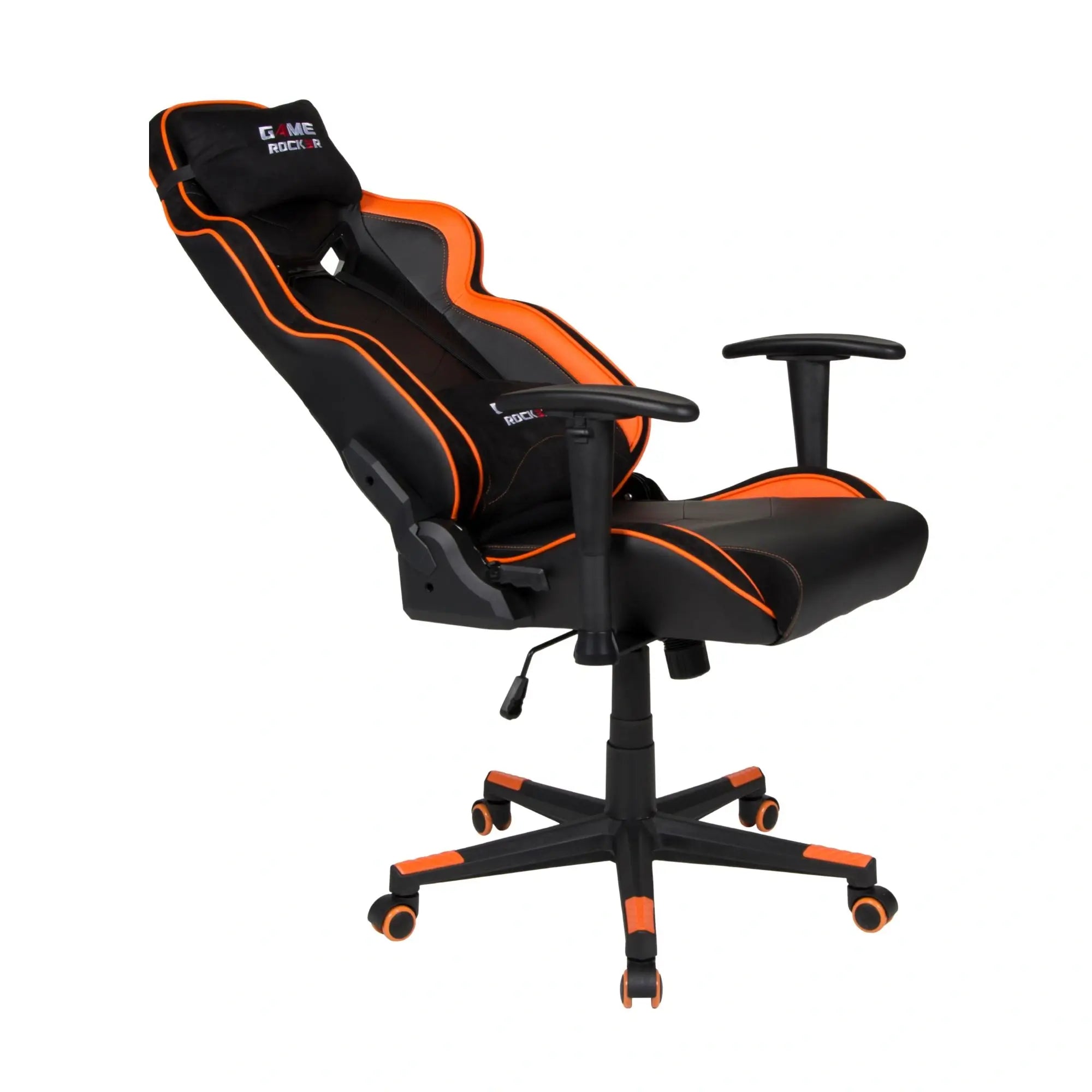 Gaming-Stuhl GAME ROCKER in Schwarz-Orange, weiter geneigt für maximale Rückenentspannung. #design_orange - kunstleder
