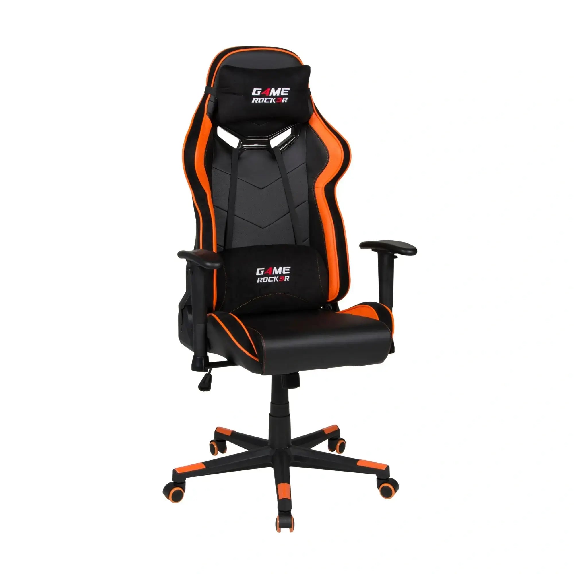 Gaming-Stuhl GAME ROCKER in Schwarz-Orange, schräg von vorne mit ergonomischem Design. #design_orange - kunstleder