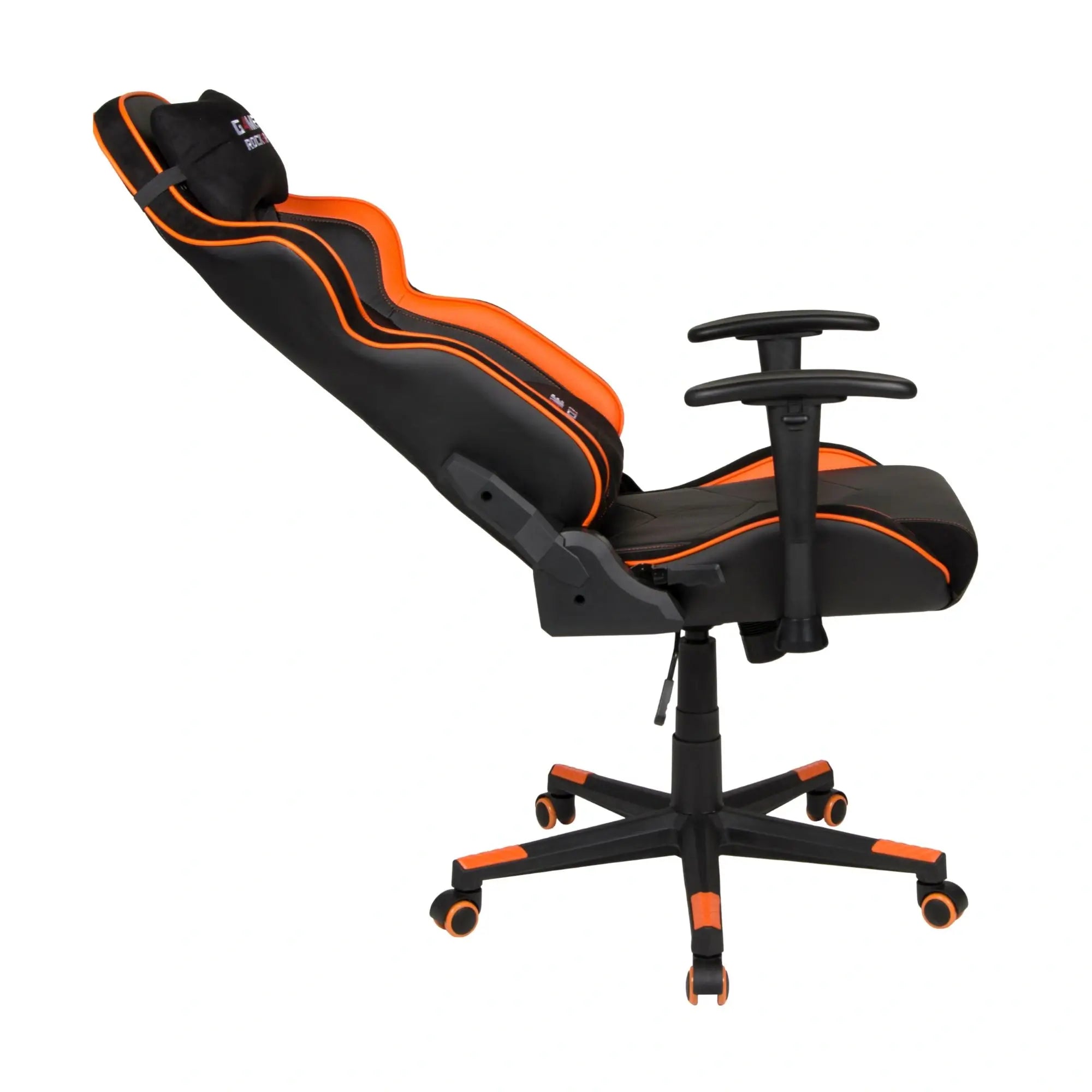 Gaming-Stuhl GAME ROCKER in Schwarz-Orange, in Liegeposition für entspannte Nutzung. #design_orange - kunstleder