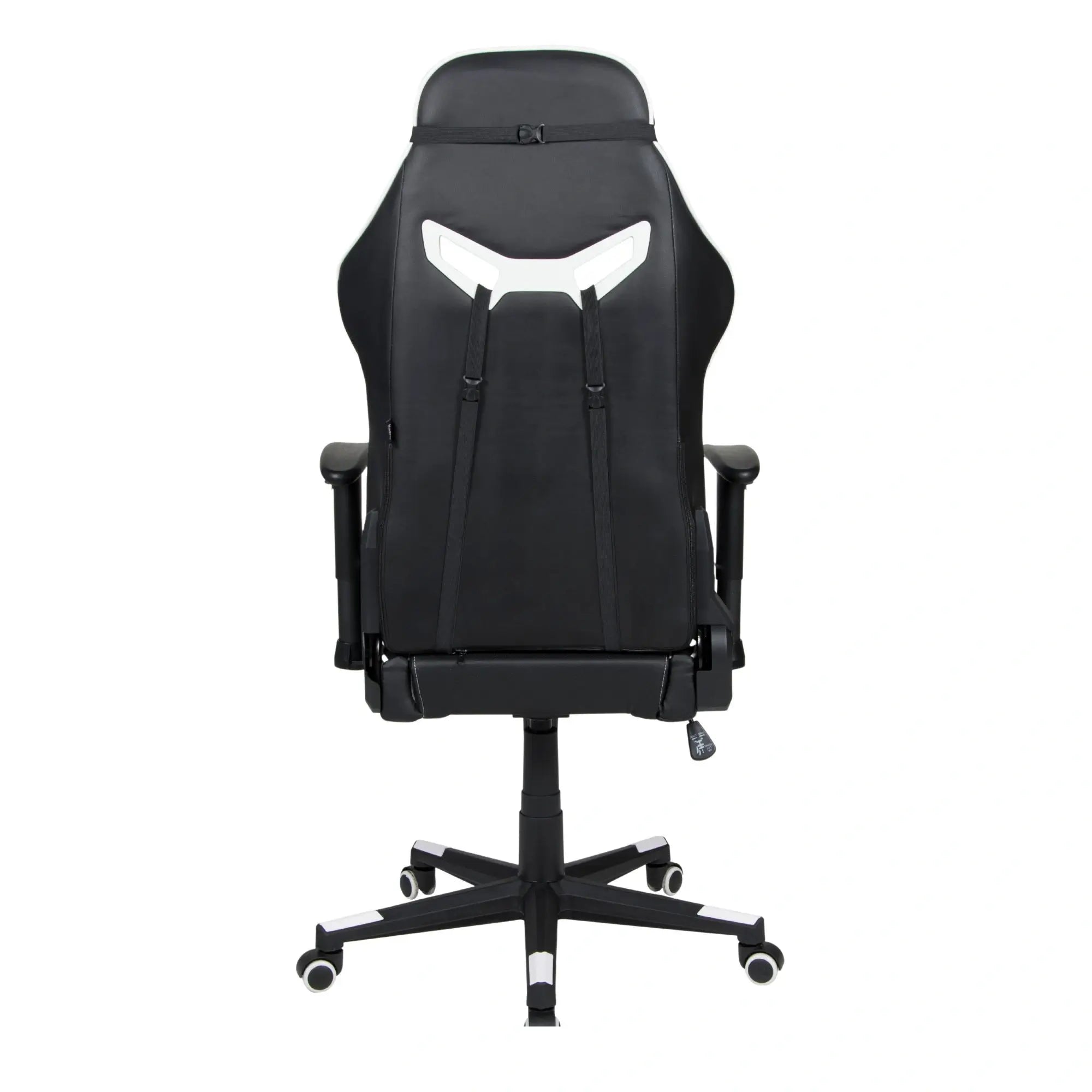 Gaming-Stuhl GAME ROCKER in Schwarz-Weiß, Rückansicht mit Öffnungen für das Lendenkissen. #design_weiß - kunstleder