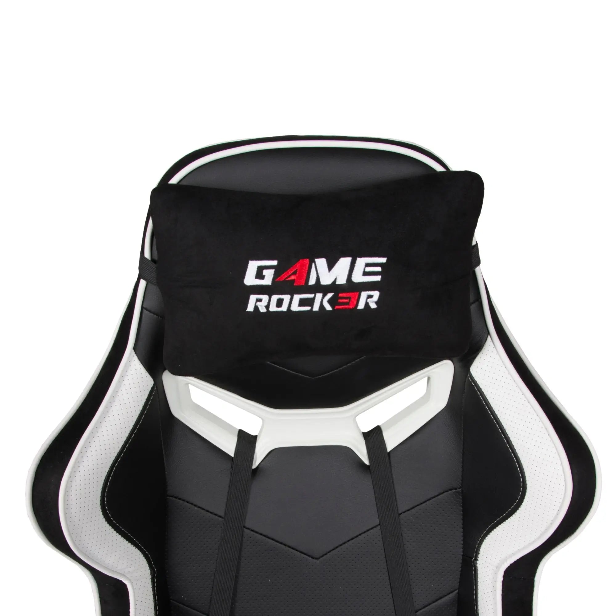 Nahaufnahme des Gaming-Stuhls GAME ROCKER mit gesticktem Logo auf dem Kopfkissen. #design_weiß - kunstleder