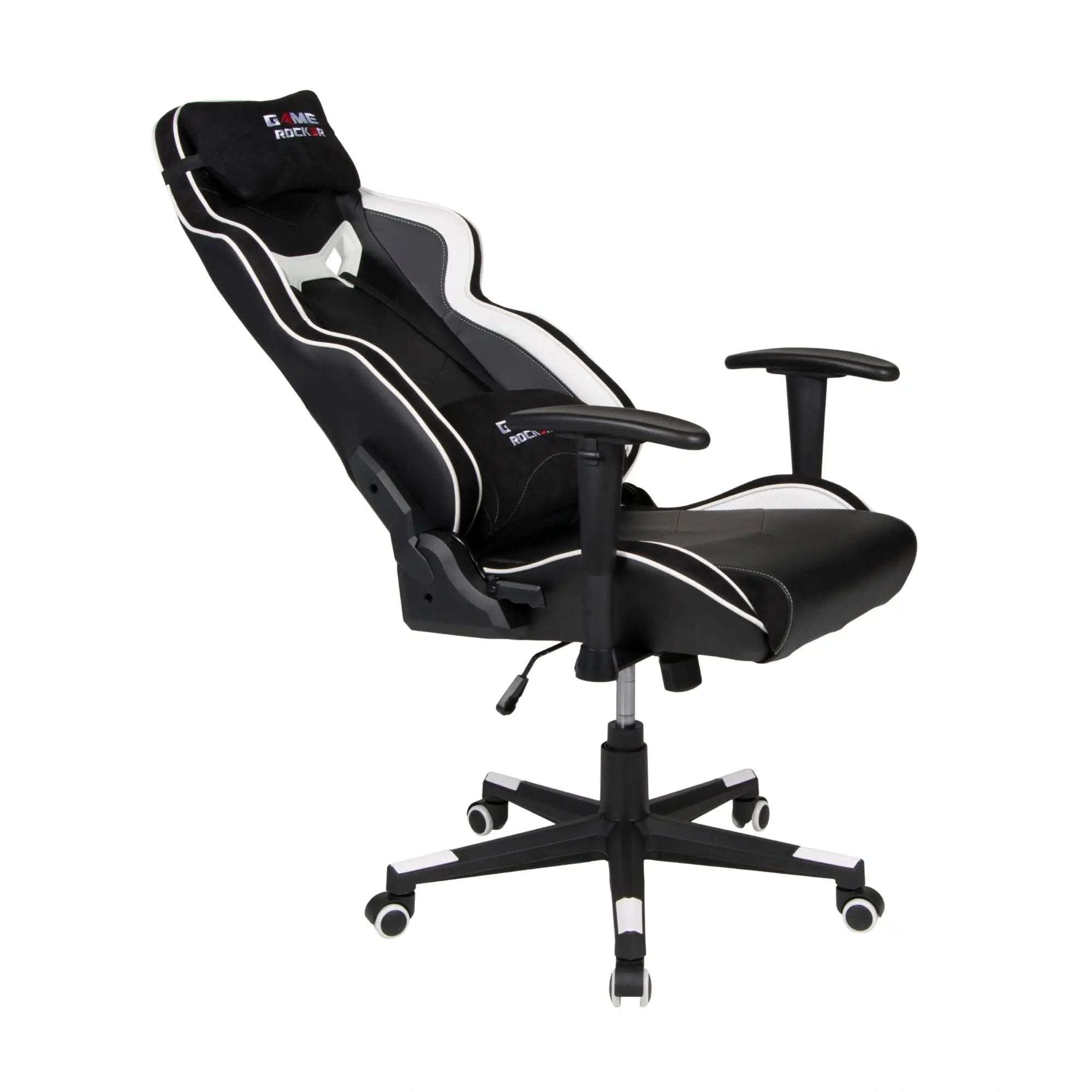 Gaming-Stuhl GAME ROCKER in Schwarz-Weiß, weiter geneigt für maximale Rückenentspannung. #design_weiß - kunstleder