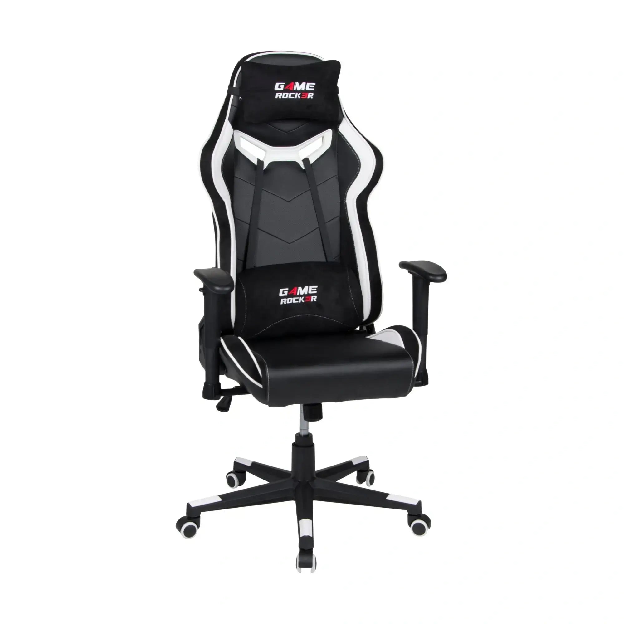 Gaming-Stuhl GAME ROCKER in Schwarz-Weiß, schräg von vorne mit gepolstertem Sitz und ergonomischem Design. #design_weiß - kunstleder