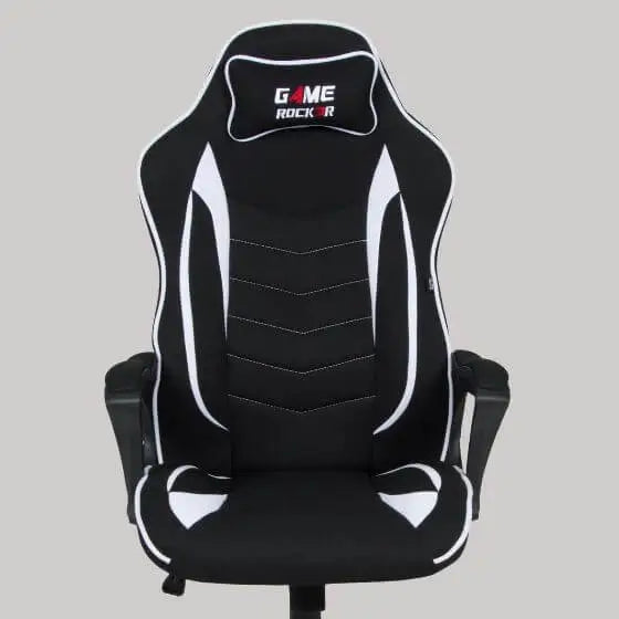 Ergonomischer Gaming-Stuhl GAME ROCKER R-10 in Schwarz mit weißen Akzenten und gepolsterter Nackenstütze.