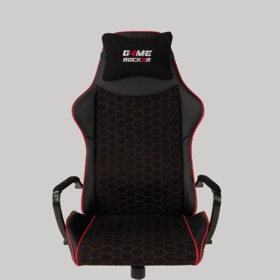 Schwarzer Gamer-Stuhl mit auffälliger Wabenstruktur und roten Kontrasten – Modell S-10.