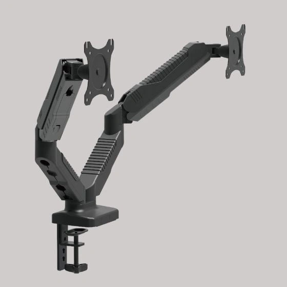 GAME ROCKER Monitorarm mit Gasdruckfeder für zwei Bildschirme auf grauem Hintergrund – robuste und flexible Lösung.