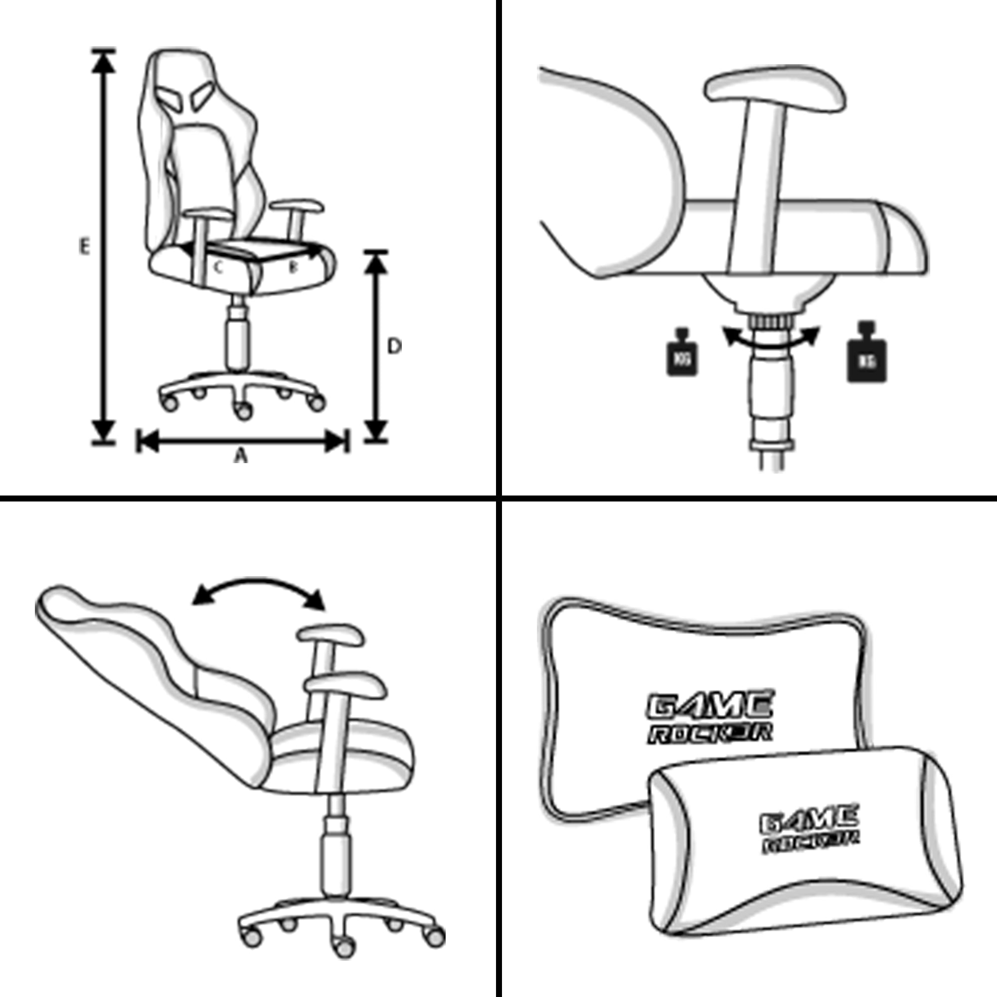 Technische Zeichnung eines Gaming-Stuhls mit Maßangaben, Gewichtseinstellung, Liegefunktion und abnehmbaren Kissen.