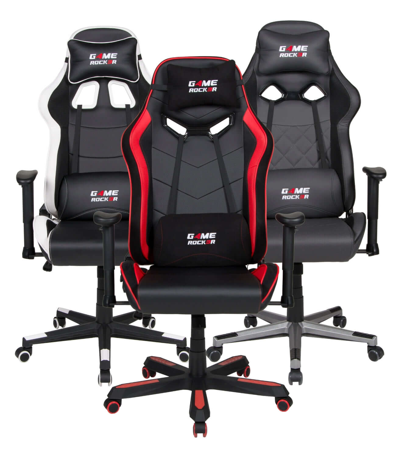 Stylischer Gaming-Chair von GAME ROCKER in Schwarz-Weiß mit Kopfstütze und Lordosenstütze.