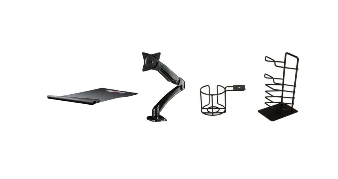 Bild von Gaming-Zubehör: Bodenschutzmatte, Monitorarm, Getränkehalter und Headset-Halter – in Schwarz.