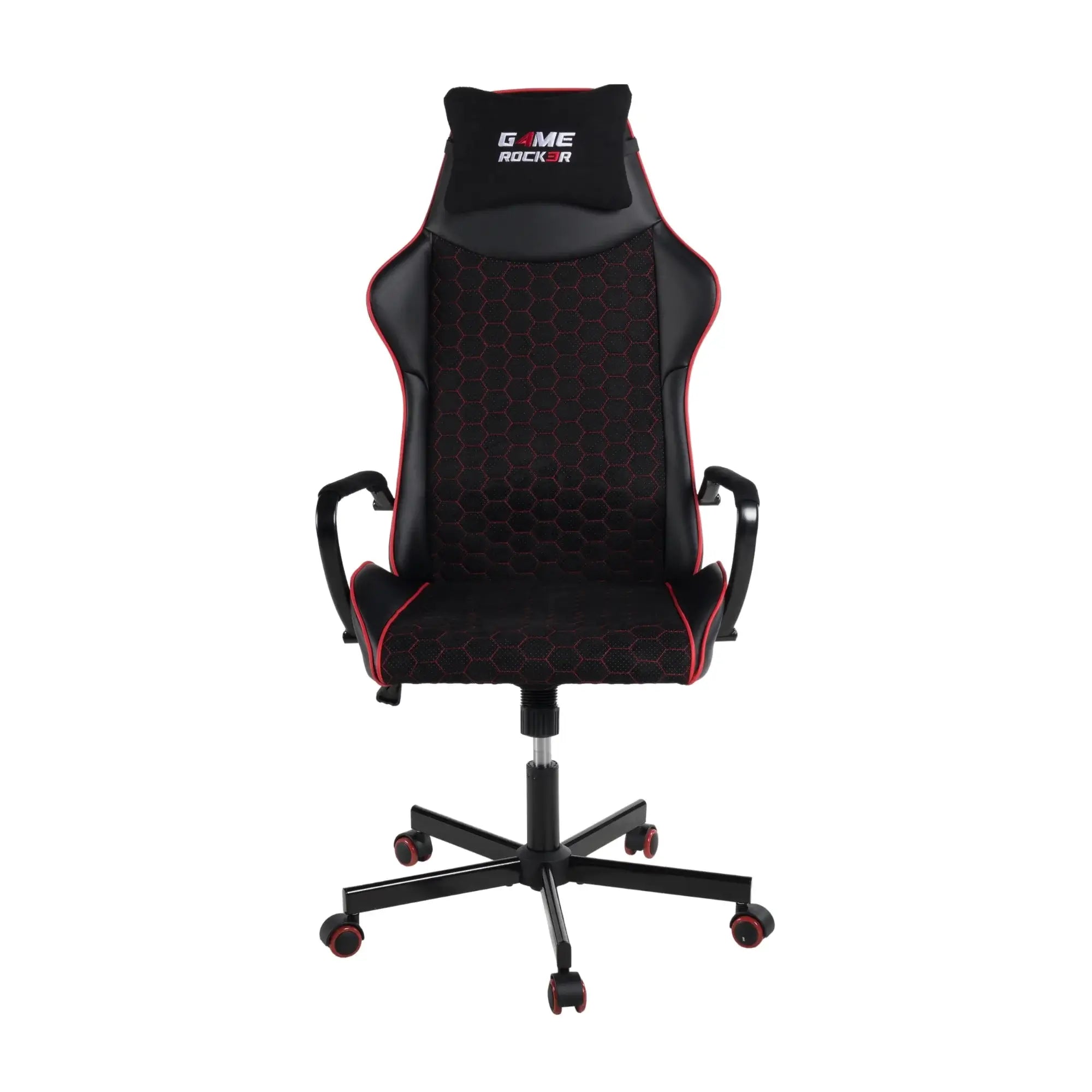 Vorderansicht des GAME ROCKER S-10 Gaming-Stuhls in Schwarz mit roten Akzenten und Wabenmuster auf Sitz- und Rückenfläche.