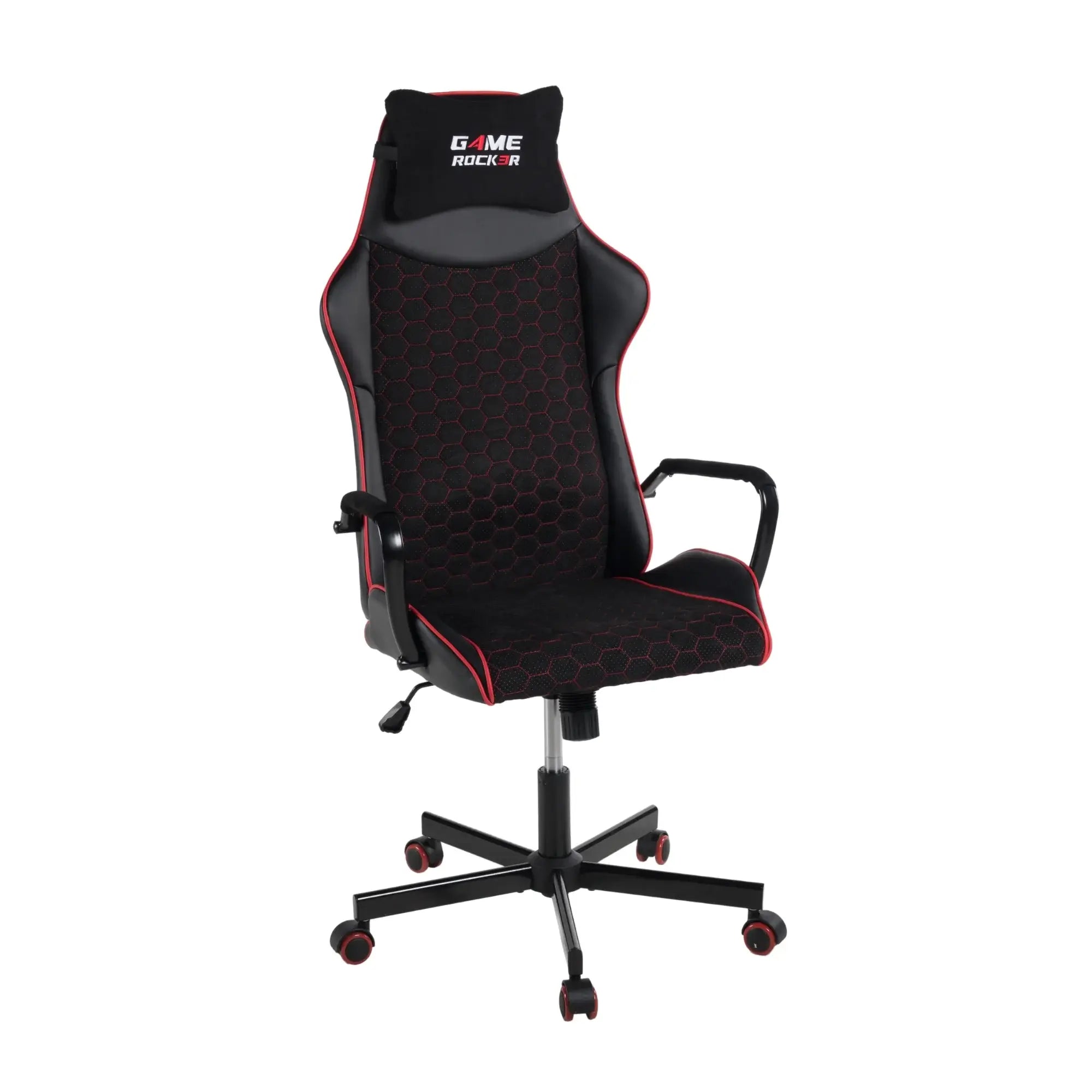 Schrägansicht des GAME ROCKER S-10 Gaming-Stuhls mit ergonomischer Form, gepolsterter Rückenlehne und feststehenden Armlehnen.