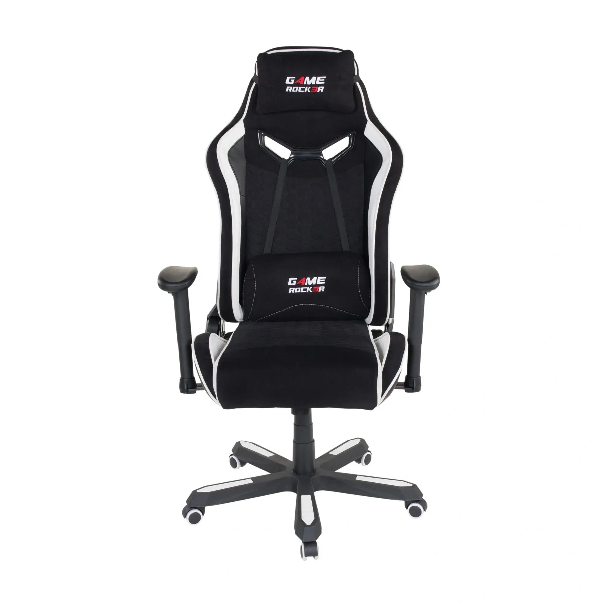 Vorderansicht des GAME ROCKER G-30 Large Gaming-Stuhls mit Mikrofaserbezug in Schwarz und weißen Akzenten. #design_weiß - mikrofaser