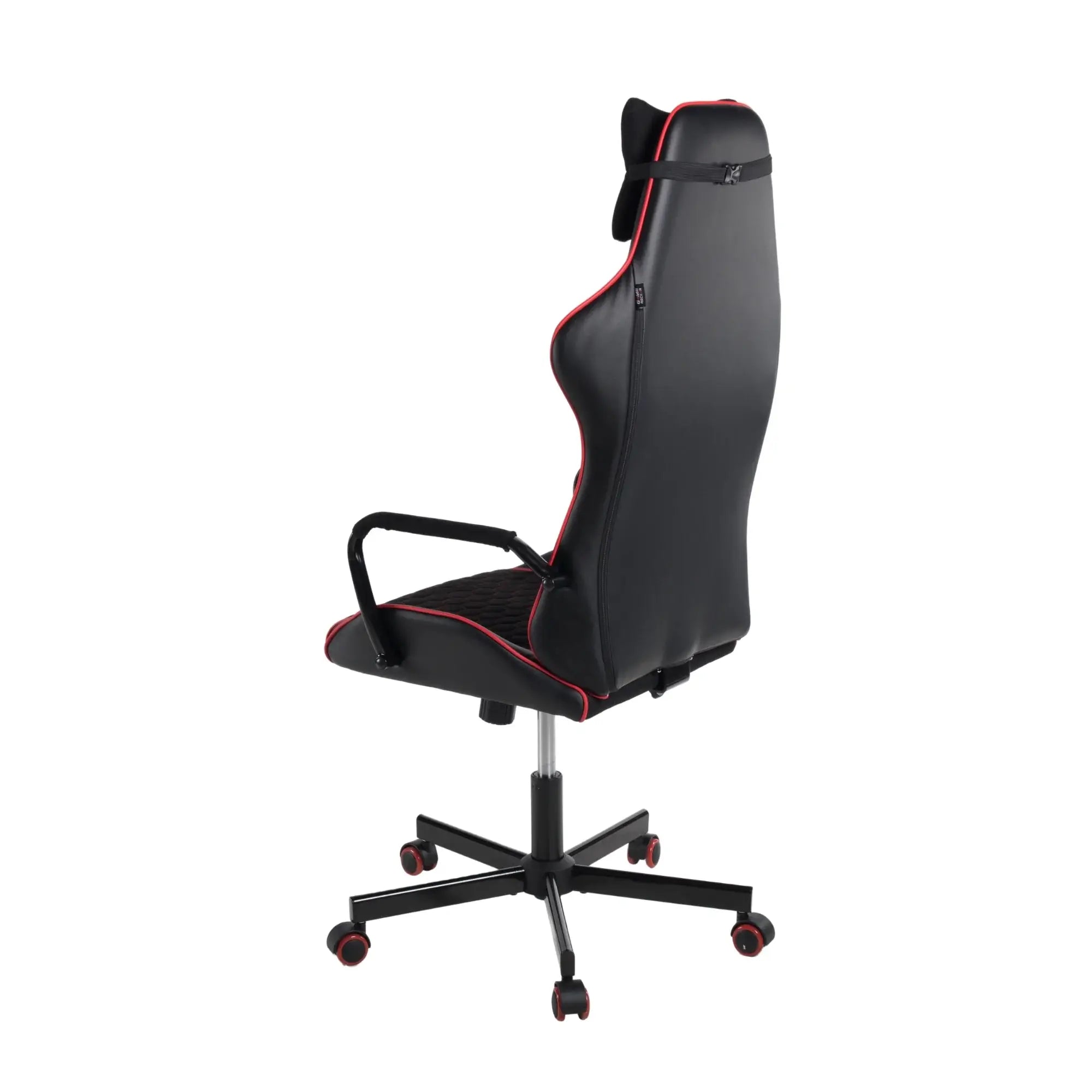 Rückansicht des GAME ROCKER S-10 Gaming-Stuhls in Schwarz mit roten Akzenten.