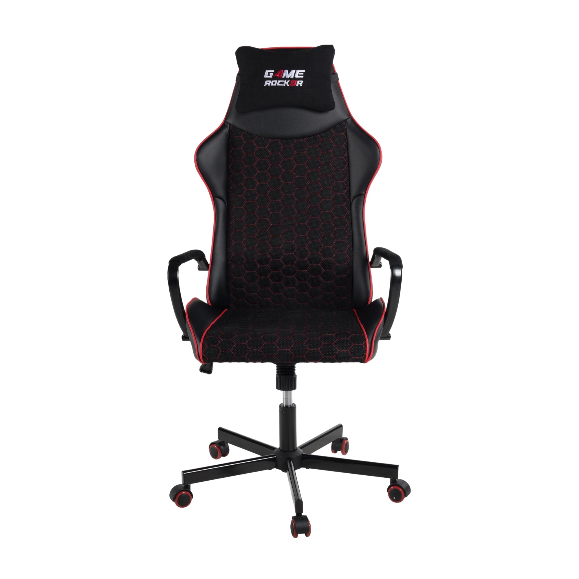 Vorderansicht des GAME ROCKER S-10 Gaming-Stuhls in Schwarz mit roten Akzenten und Wabenmuster auf Sitz- und Rückenfläche.
